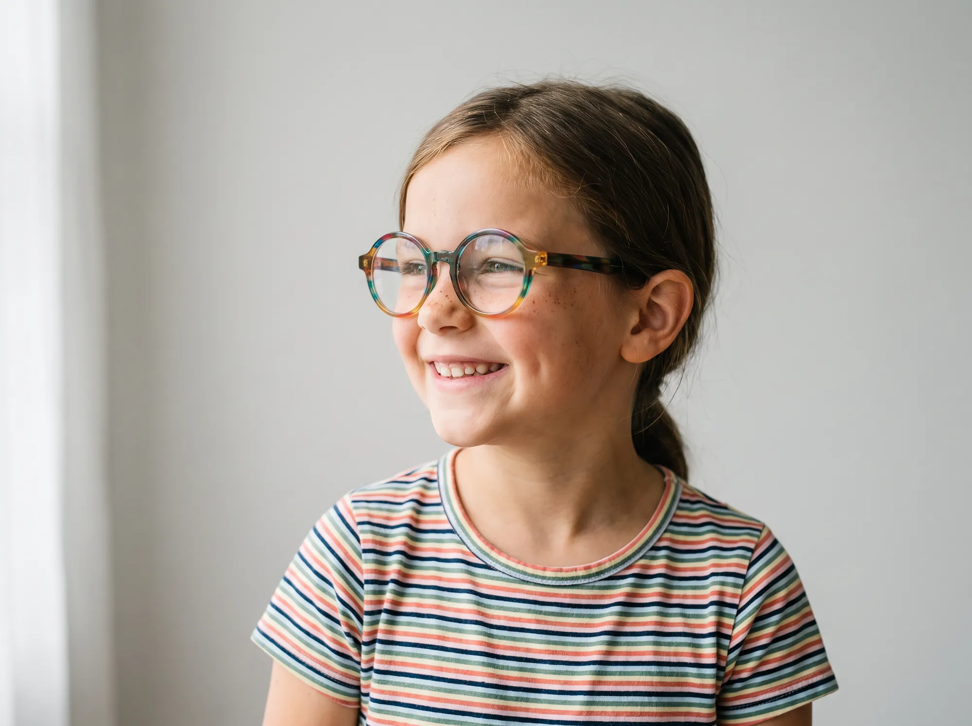 A girl wearing her new glasses