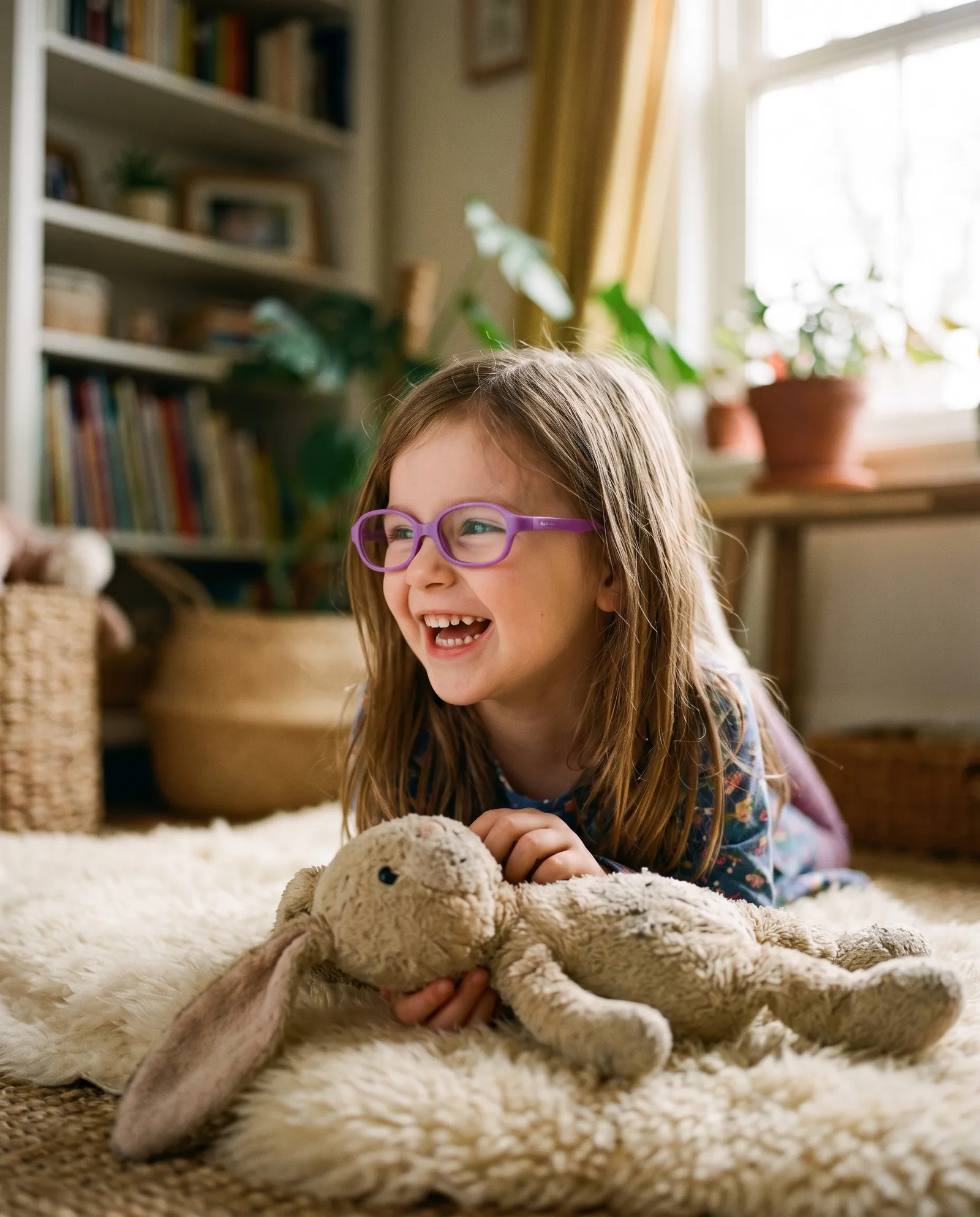 A smiling girl in bright children's glasses