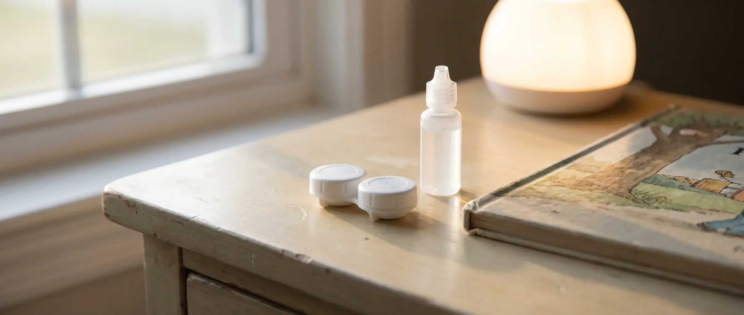 A contact lens case and solution on a bedside table